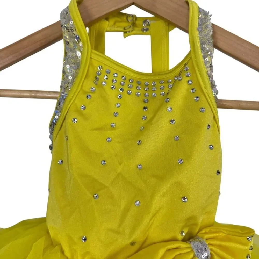 Weissman Yellow Rhinestone Sequin Tulle Dance Costume Dress & Hair Bow sz XS C